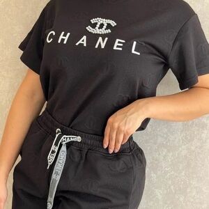 100% authentic Chanel short set in cool knit available in black, beige and pink